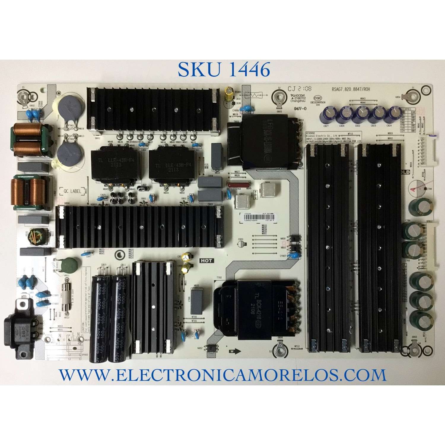 FUENTE DE PODER PARA TV HISENSE / NUMERO DE PARTE 276230 / RSAG7.820.8847/ROH / HLP-5570WM / CQC13134095636 / E166702 / PANEL JHD650X3U53-T1L7 / MODELOS 65U7G / 65U7G 65A68FUA / 55U8G / 55U8G 55U6FUA / 55U8K / 55U8K 55U6FUA